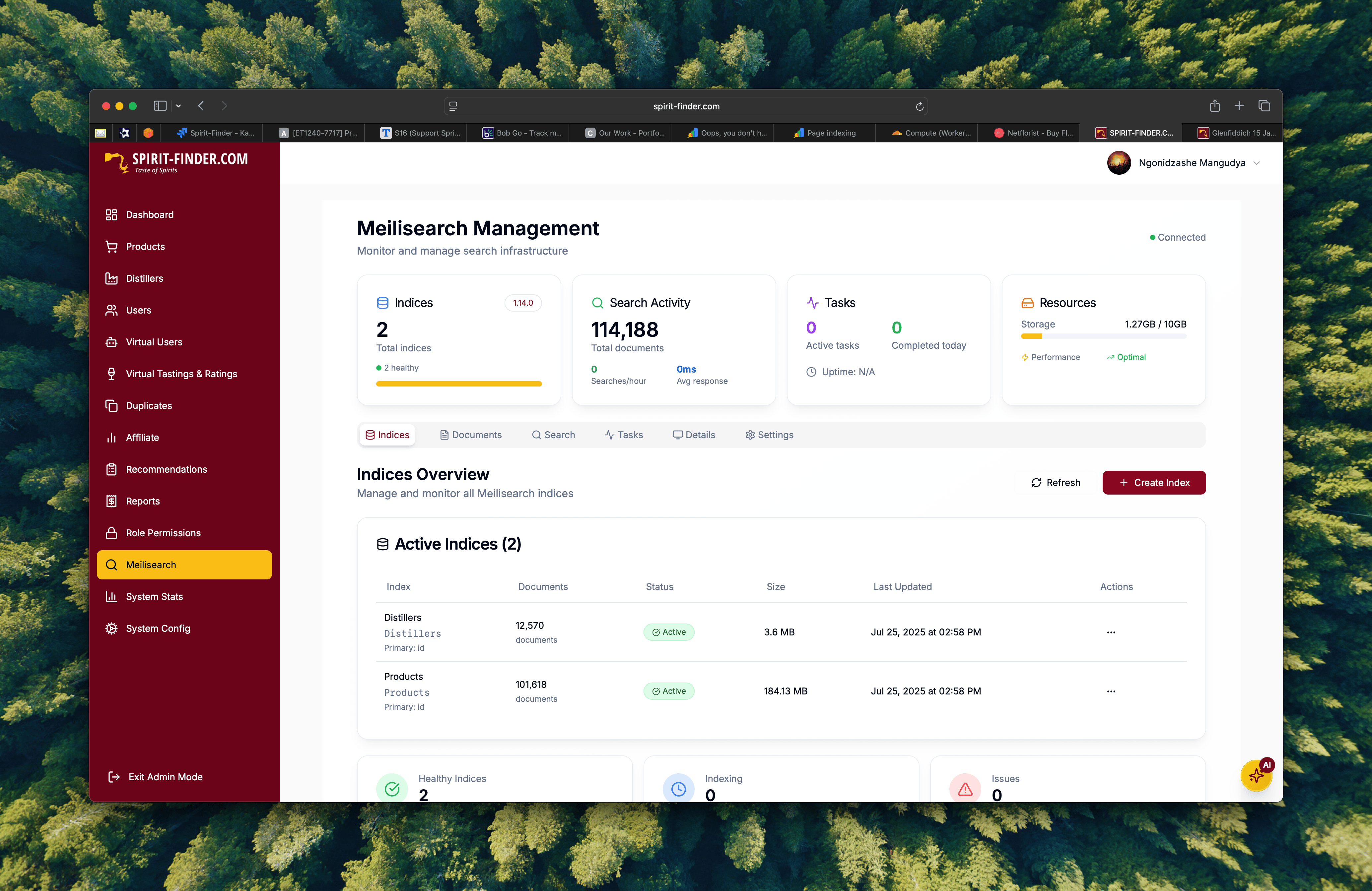 MeiliSearch index management custom dashboard